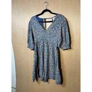MIRTH $348 Perth Backless Short Dress Blueberry Floral Cotton Puff Sleeve S NEW